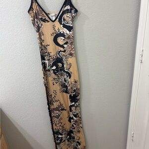 Fashion nova Women's V-Neck Floral & Dragon Print Maxi Dress in Tan and Black
